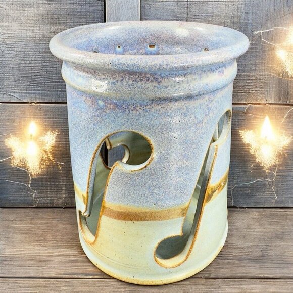 Vintage Red Rock Pottery Stoneware Tea Light Holder Votive Hand Carved Signed - Picture 2 of 13